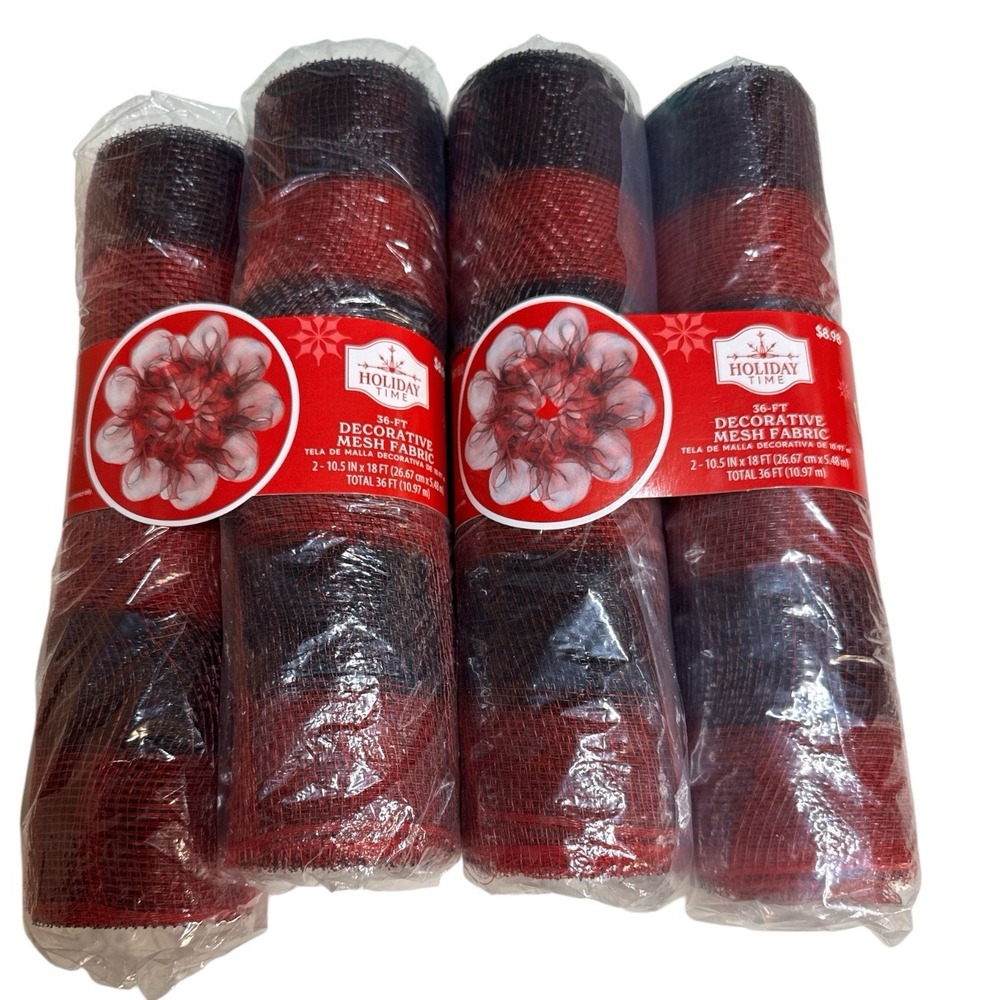 Bundle Holiday Time 36 Ft Decorative Mesh‎ Fabric (2-10.5in X 18ft)  Black/Red